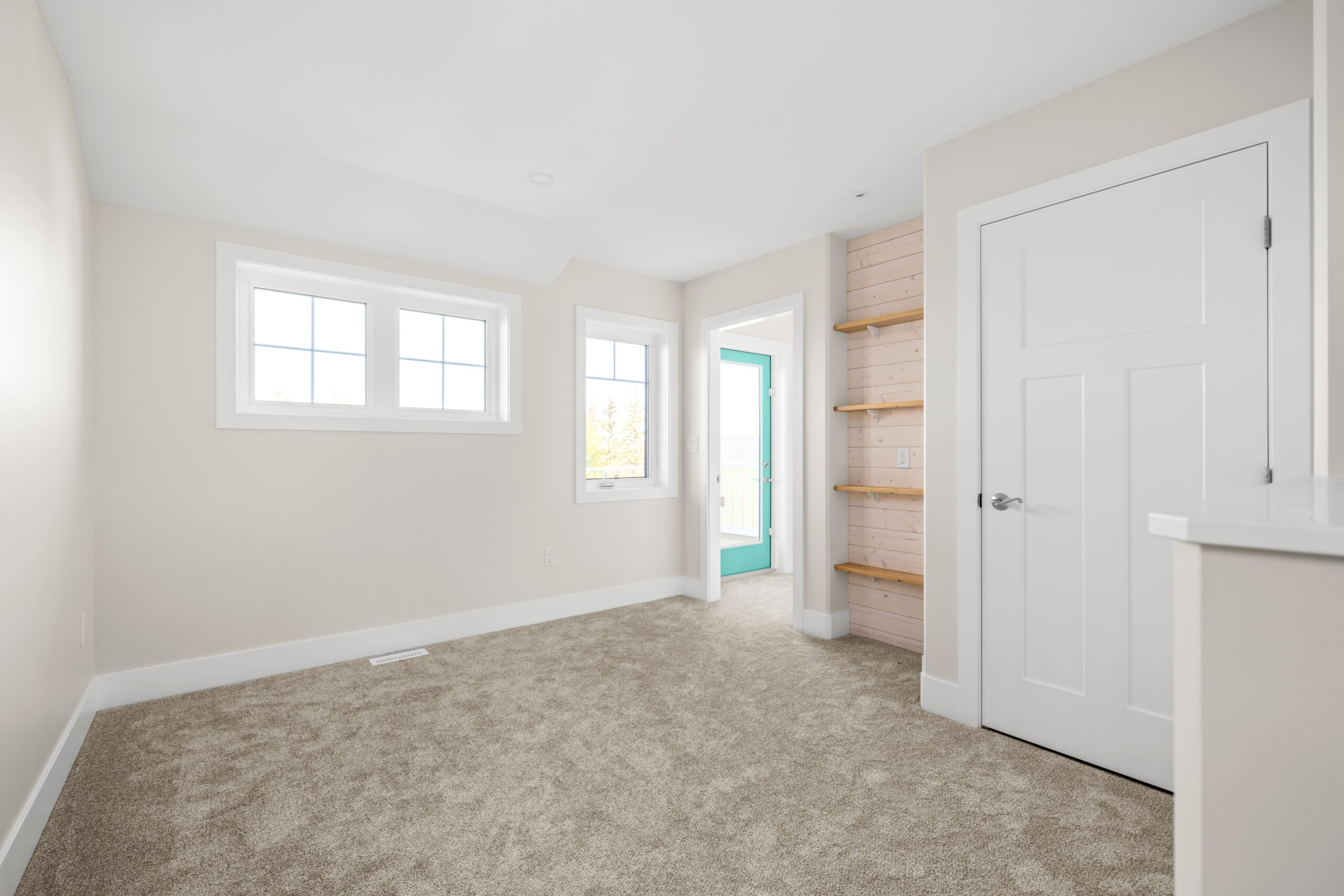 sitting space with built-in open shelving