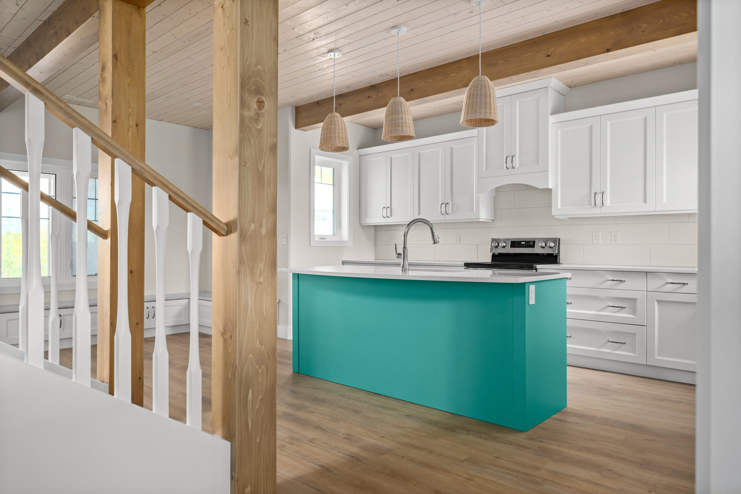 kitchen with bright blue island