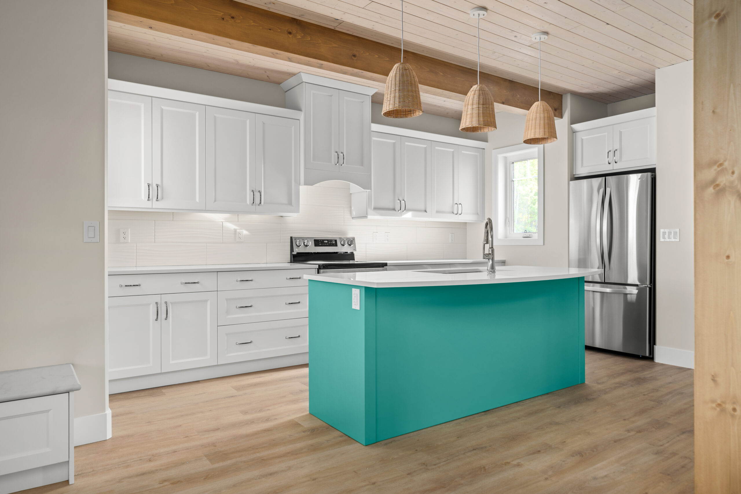kitchen with blue island