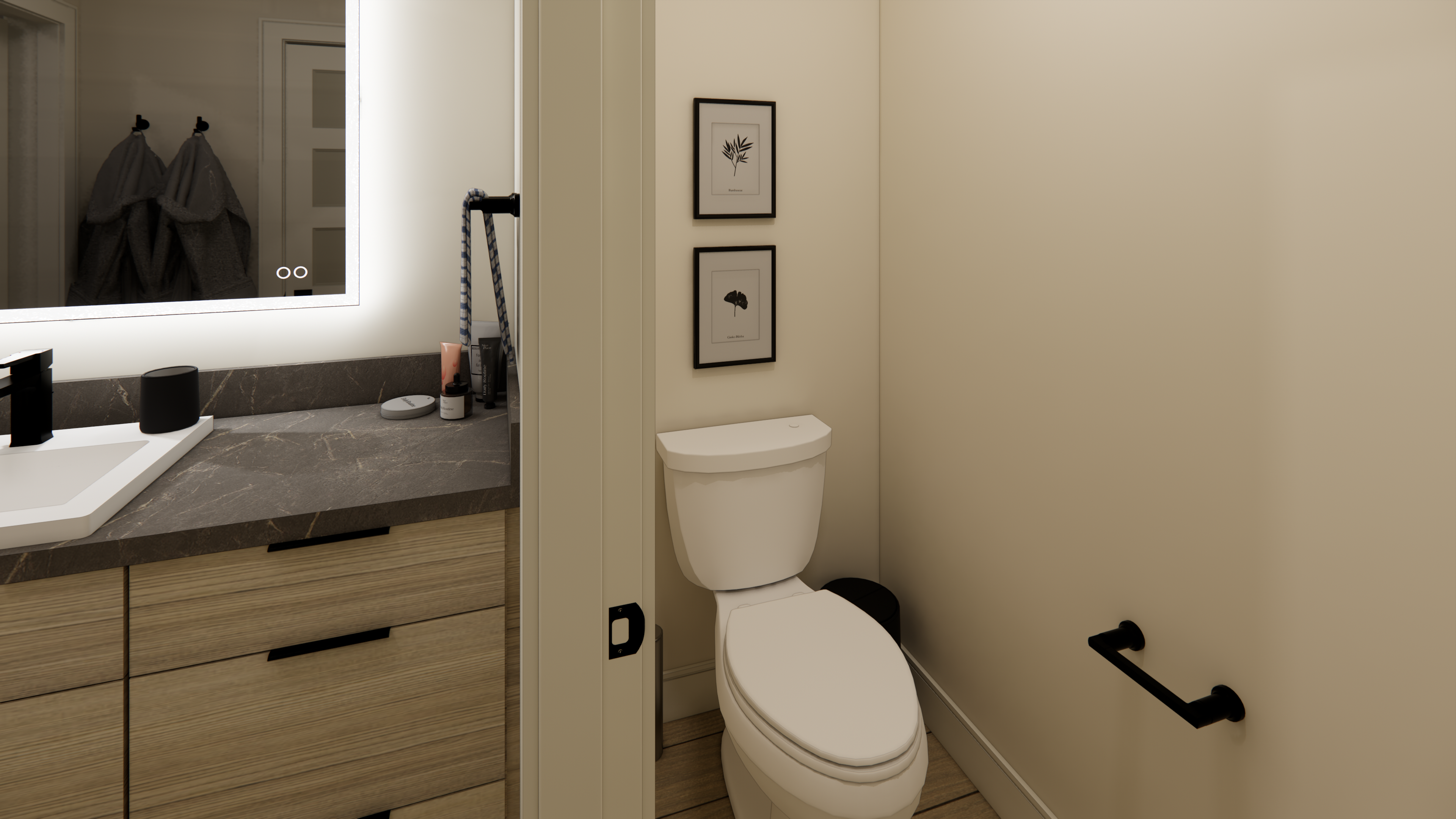 3D rendering of a bathroom showing the toilet area