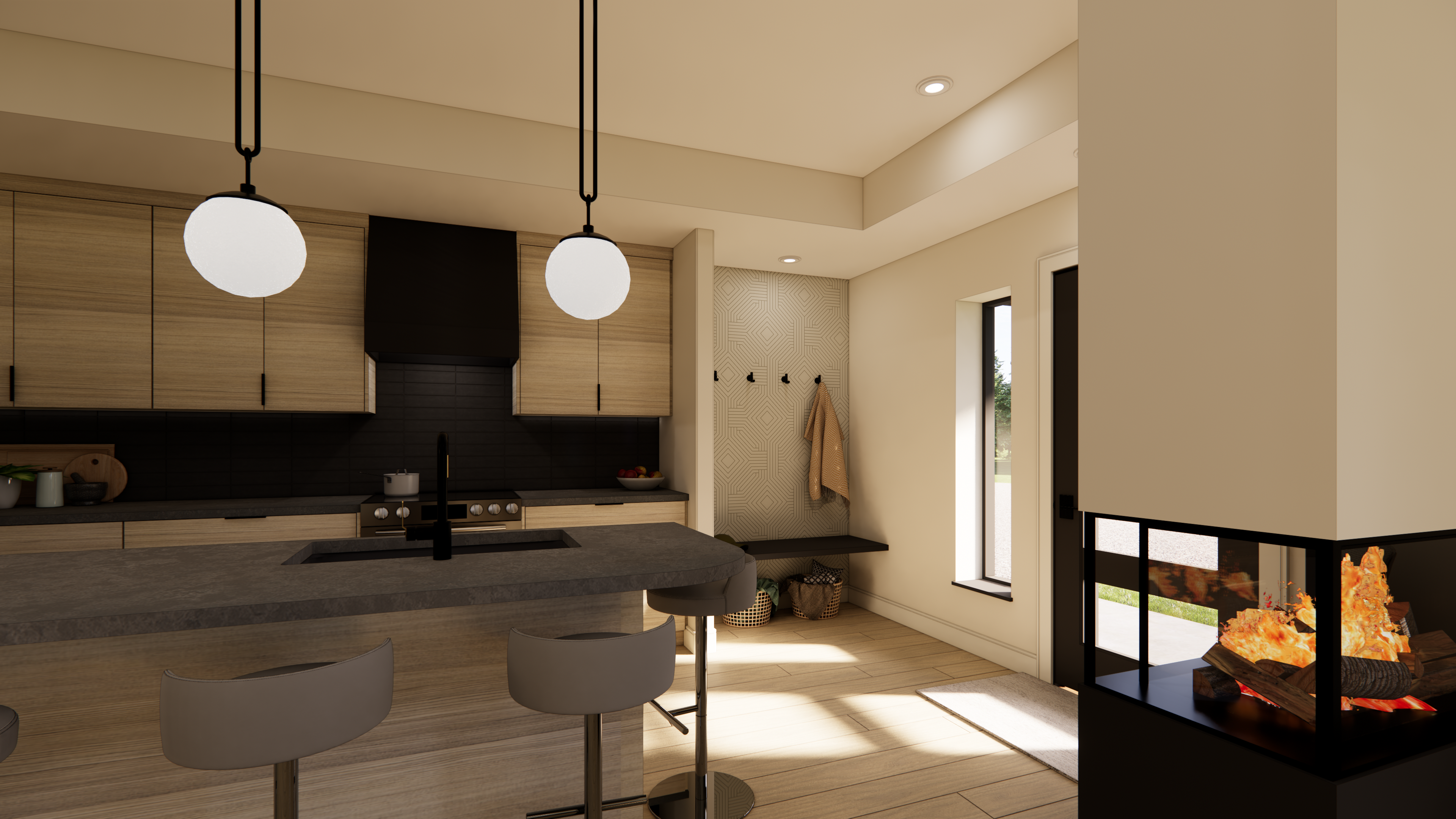 3D rendering of a front entrance to a shop house