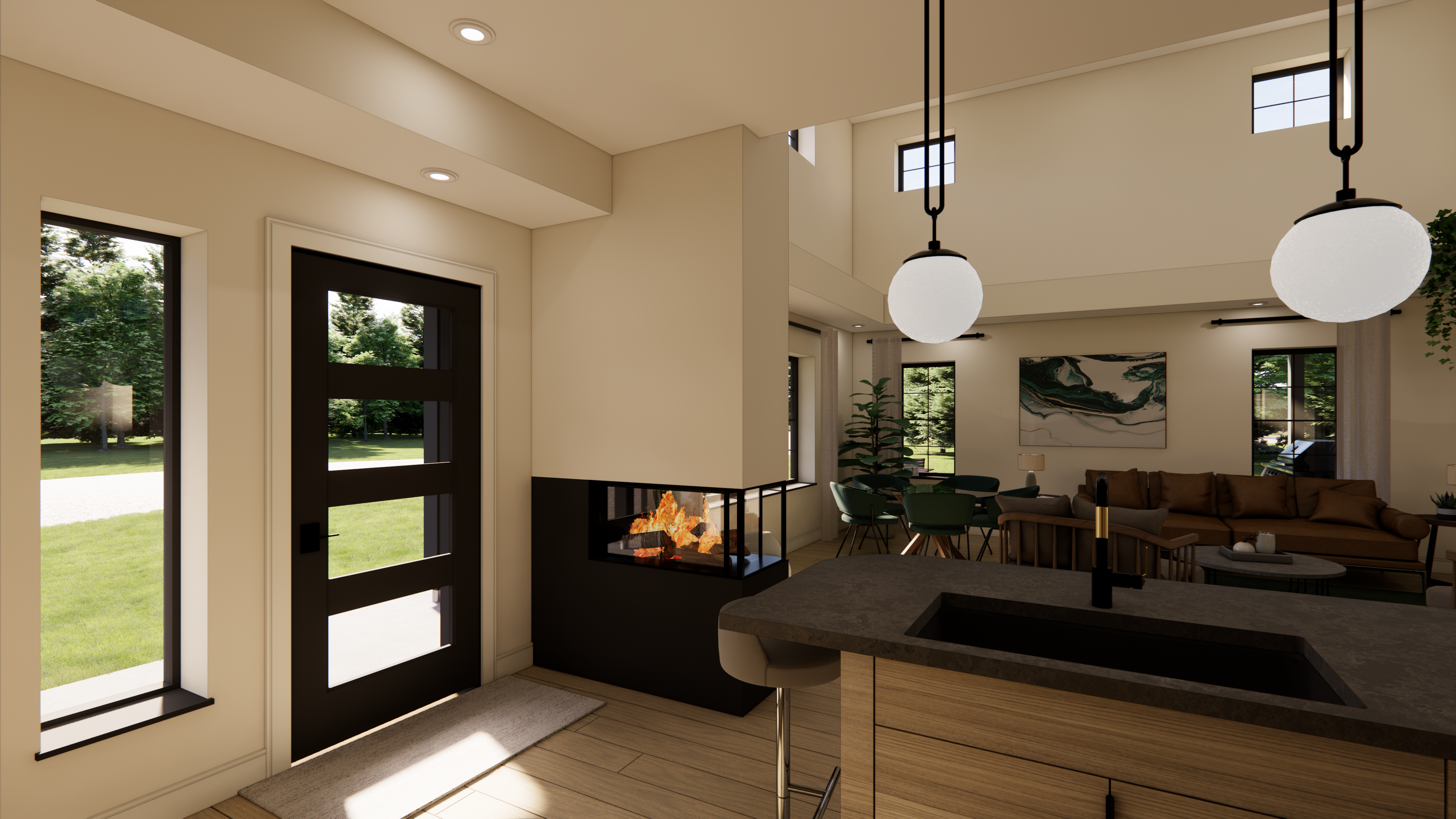 3D rendering of a front entrance to a shop house, showing a fireplace