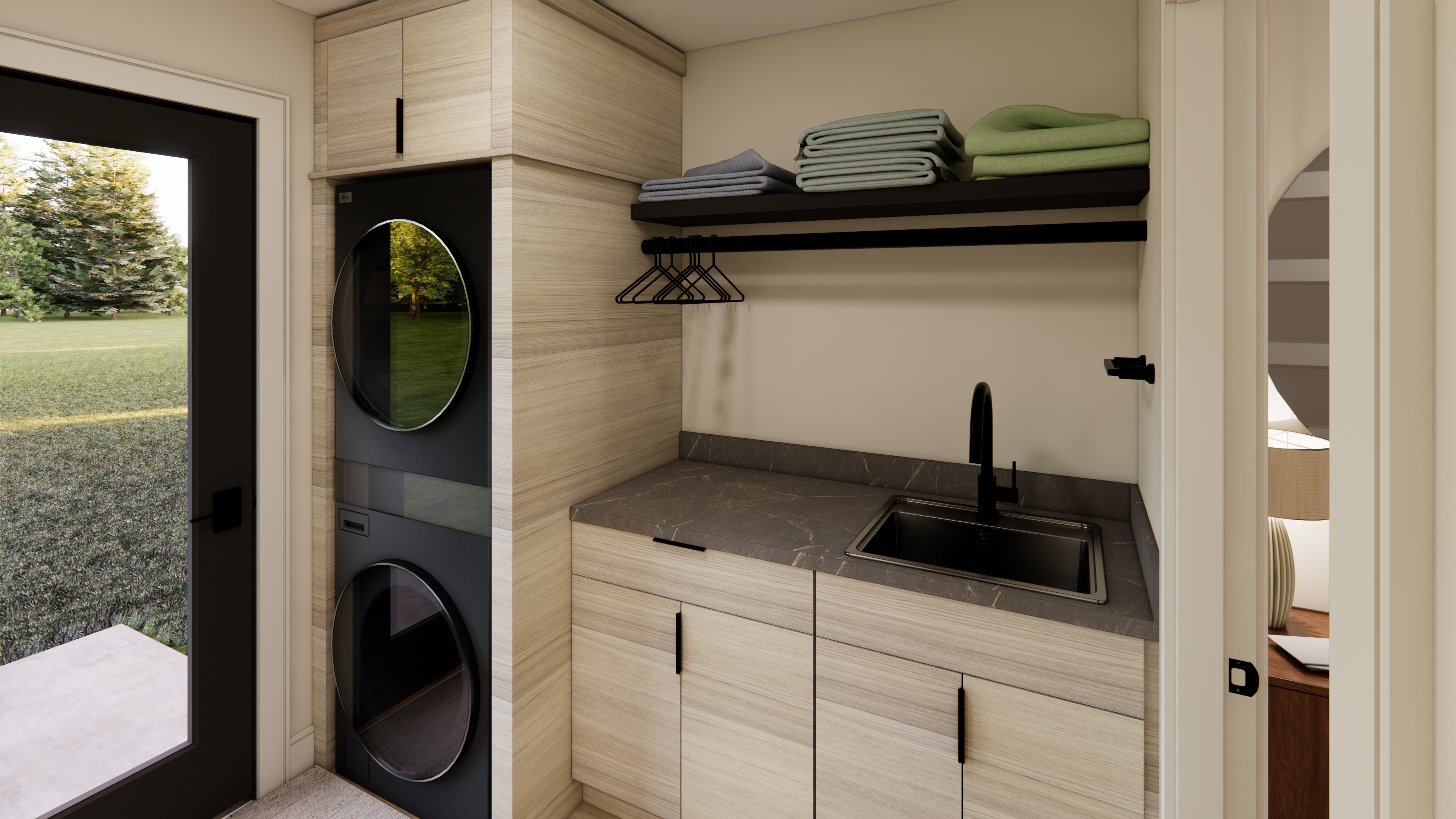 3D rendering of a laundry room in a shop house