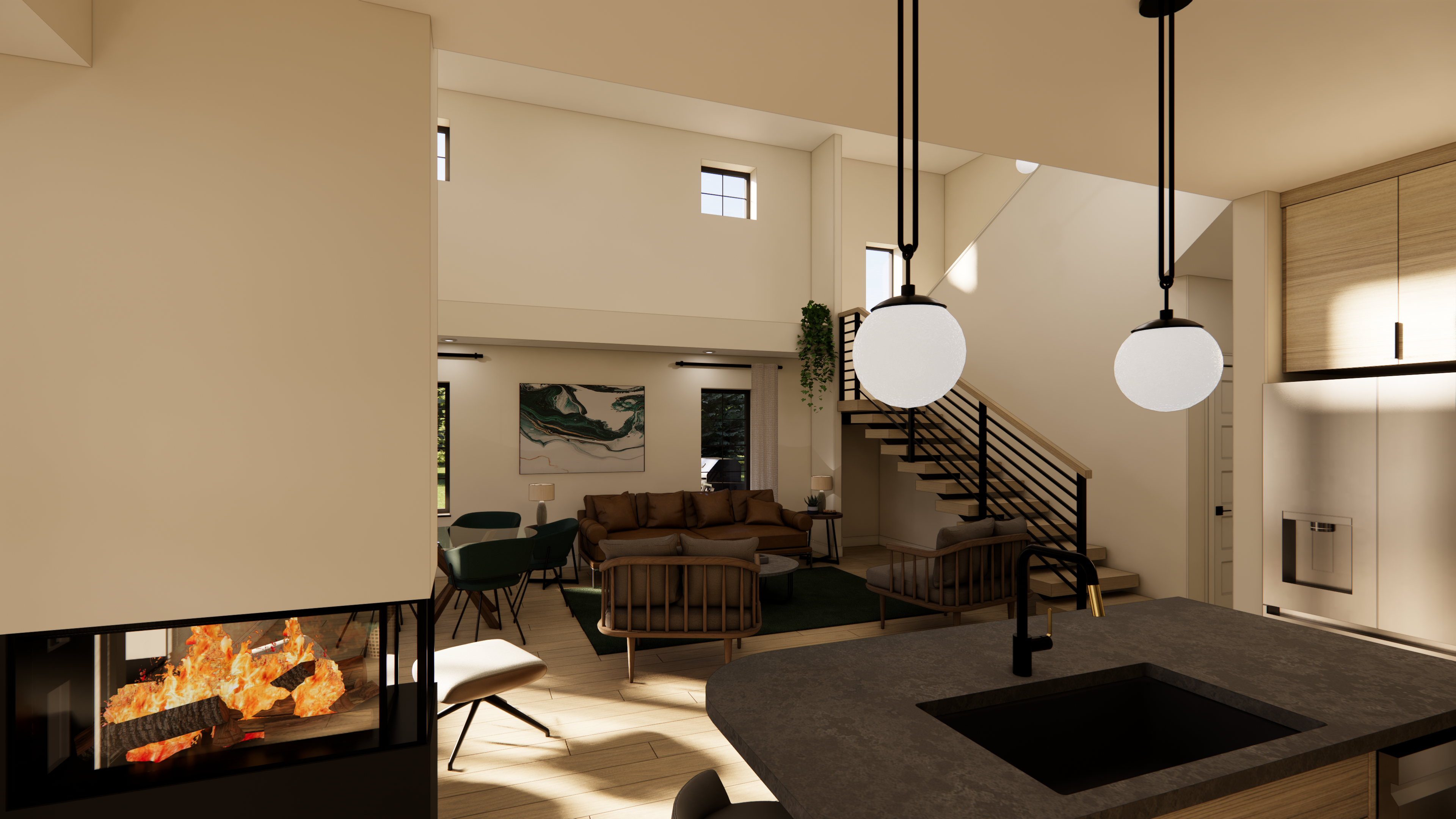 3D rendering of a living room in a shop house