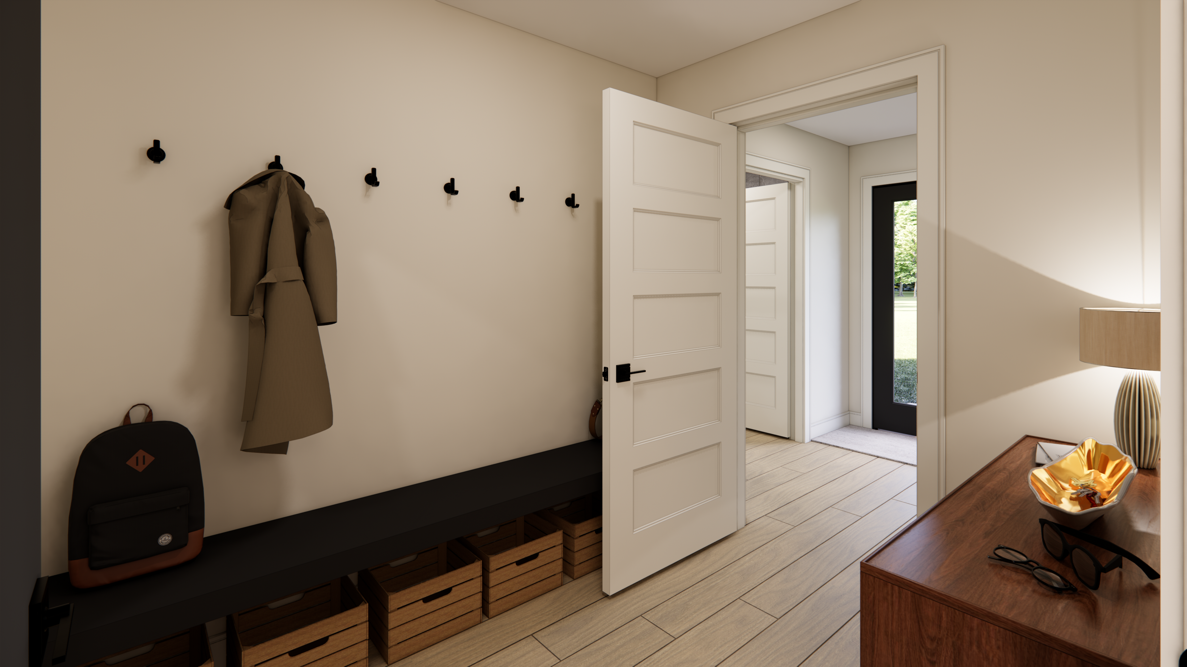 3D rendering of a mudroom in a shop house