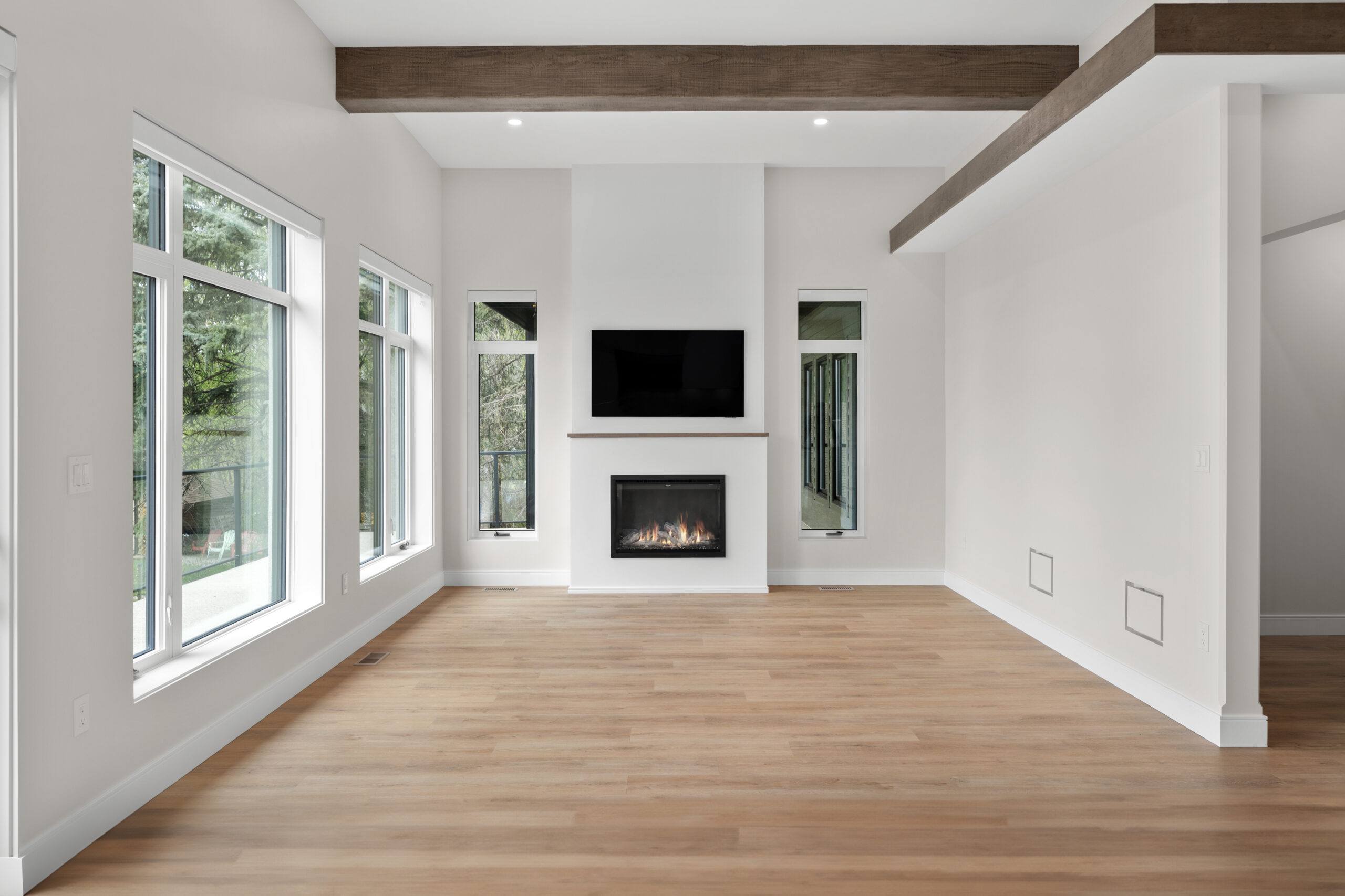 living room with electric fireplace in a net zero home