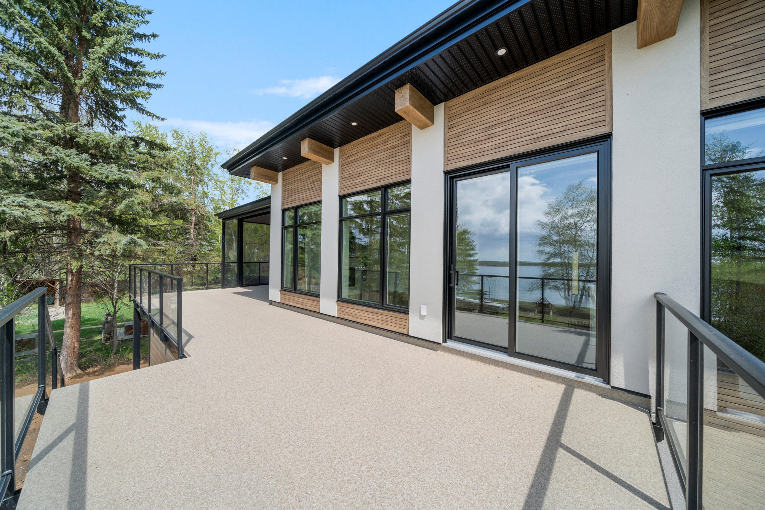 second story deck rear exterior of a net-zero home