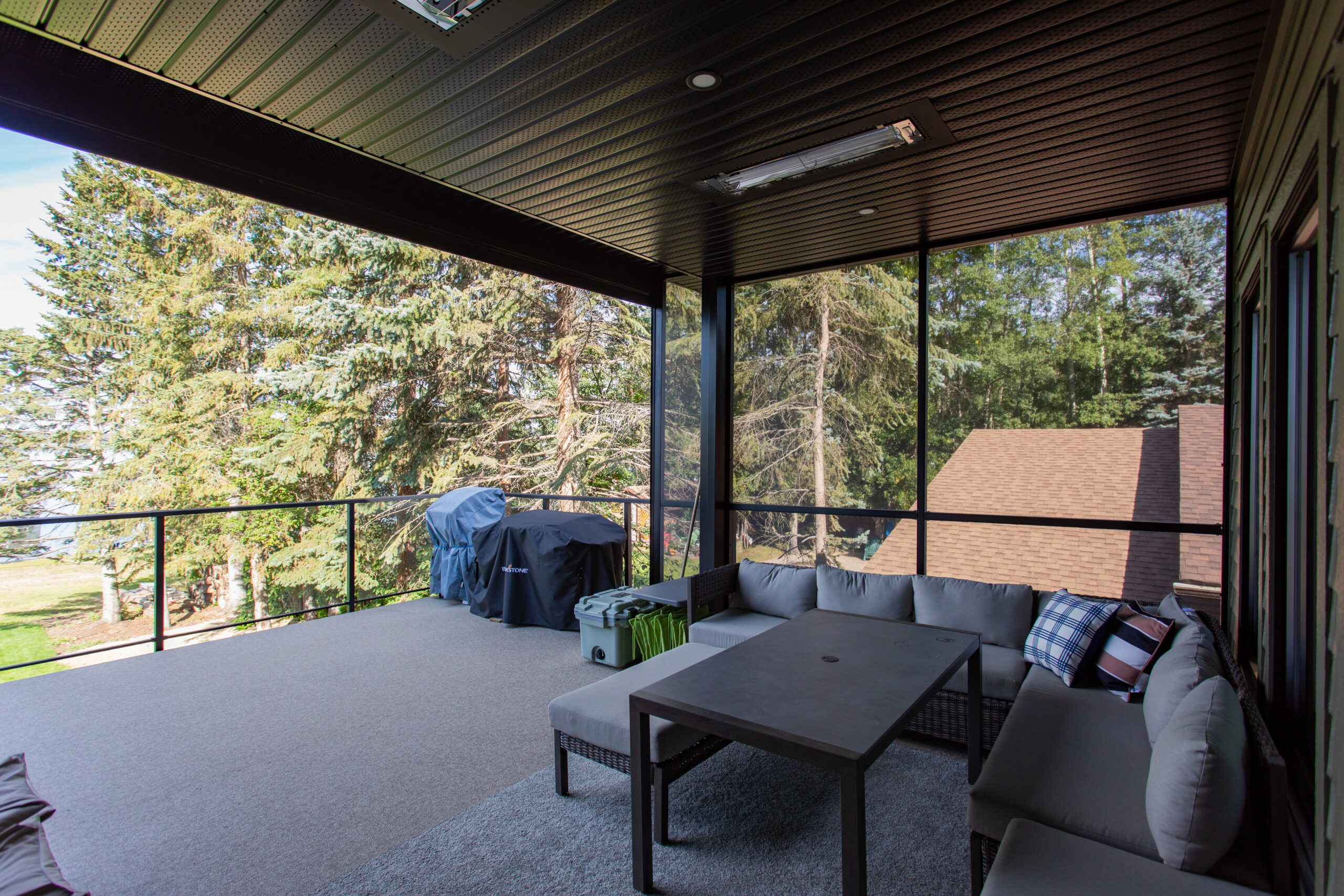 upper patio space of a upper deck space of a net zero home